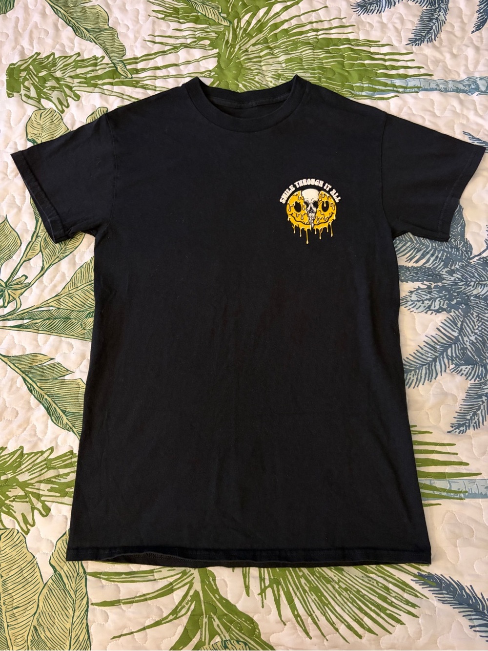 Black Mens Graphic Tee with Yellow Dripping Skull